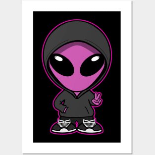 Hooded Space Alien Peace Hand Sign Pink Posters and Art